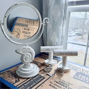 Vintage White Metal Shell Table Mirror + Two Bracelet Stands and Two Bracelets